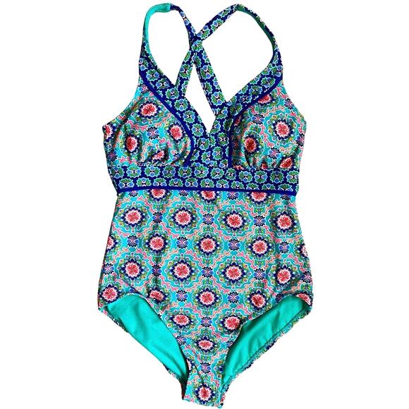 NEW CATALINA Floral Mandala Colorful One Piece Strappy Swimsuit Size M 8-10 - Picture 1 of 10